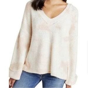 Anthropologie Maggie Sweater Pink & White Tie Dye Oversize V Neck Size Medium